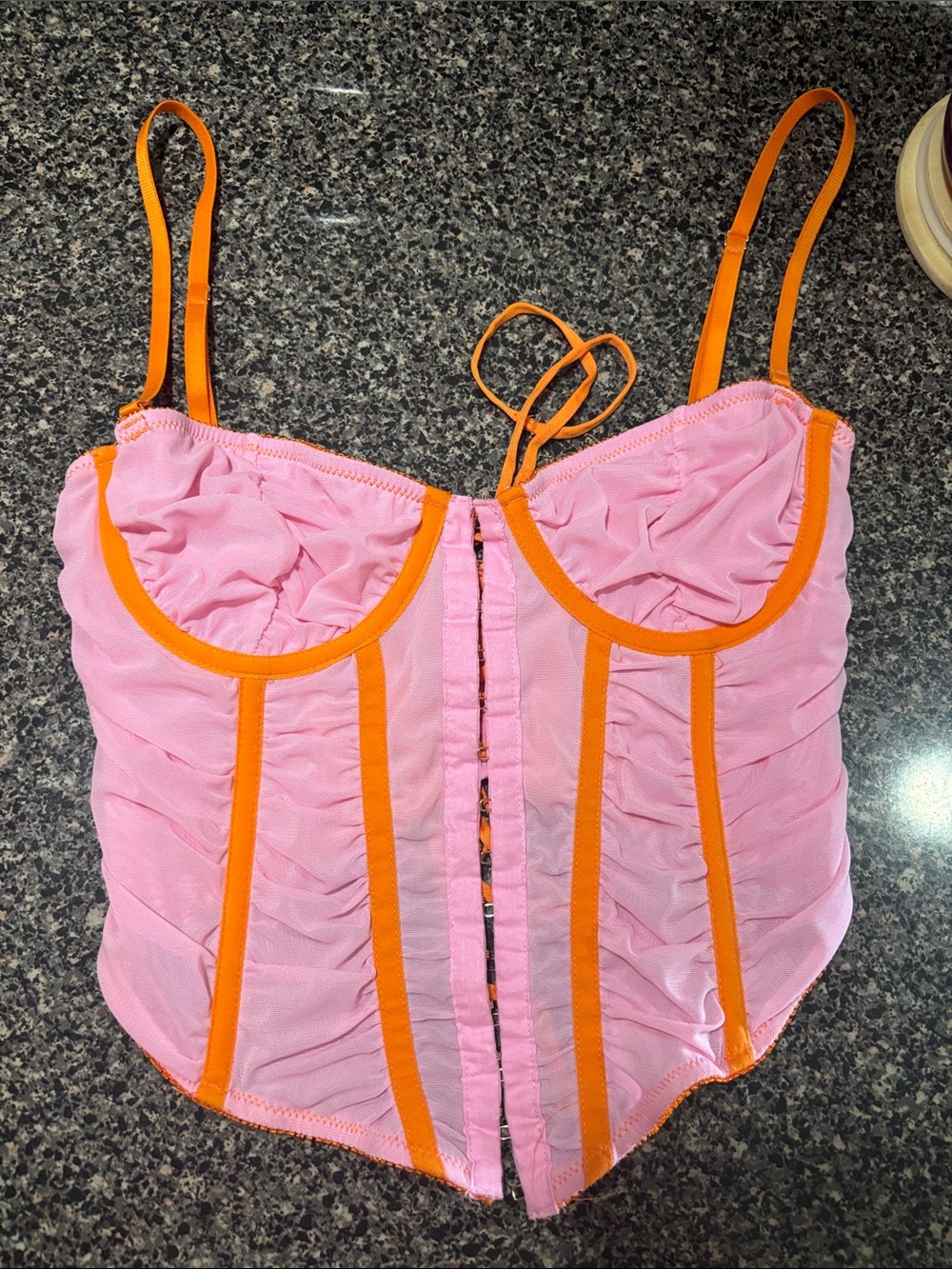 Pink Ruched Bustier Top with Orange Trim from Urban outfitters